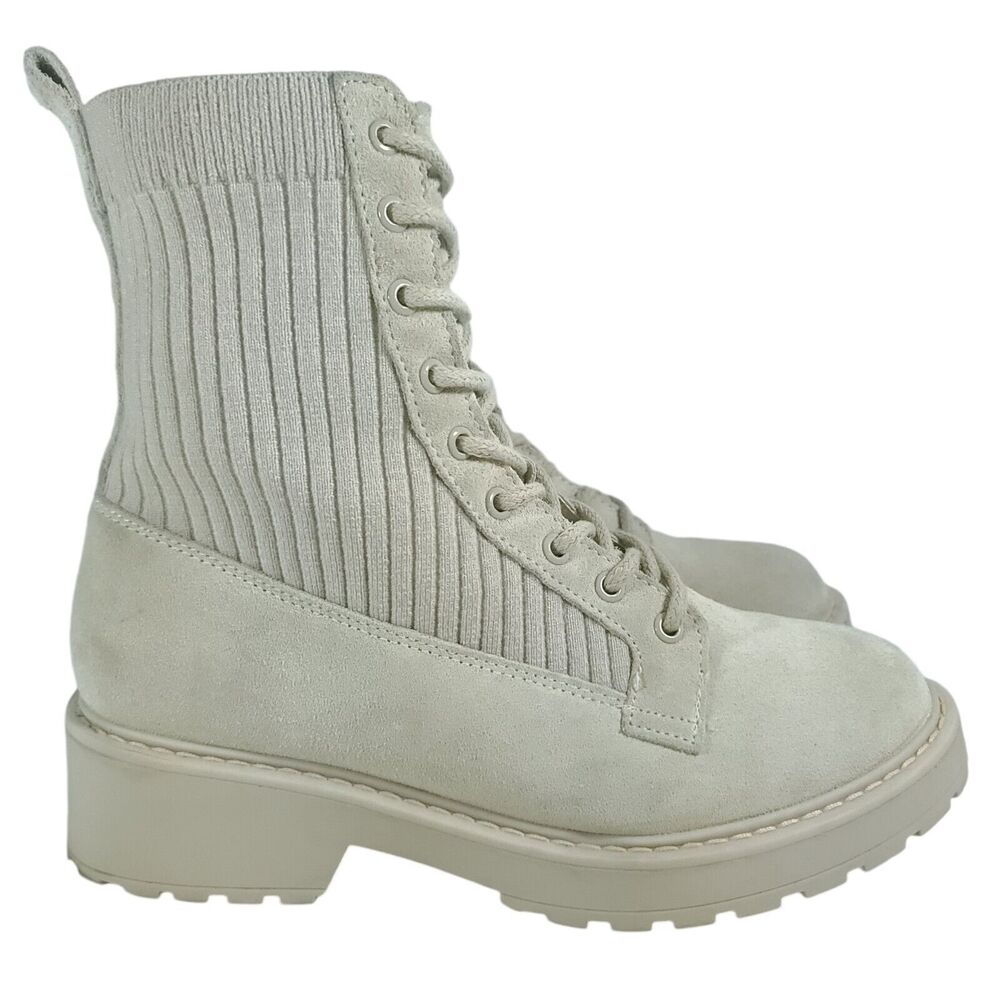 Steve Madden Sand Color Veeta Combat Boots Women's Size 10 M Leather Knit Chunky